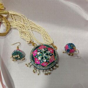 Pink and Green Beaded Necklace Set